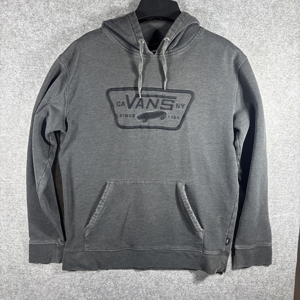 Vans Hooded Sweatshirt Mens Medium Gray Black Spellout Logo Pullover Pocket